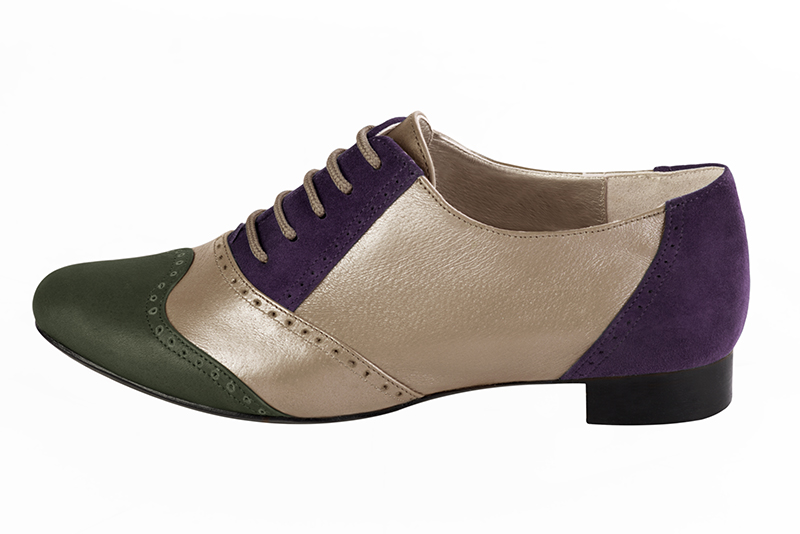 Forest green, gold and amethyst purple women's fashion lace-up shoes. Round toe. Flat leather soles. Profile view - Florence KOOIJMAN